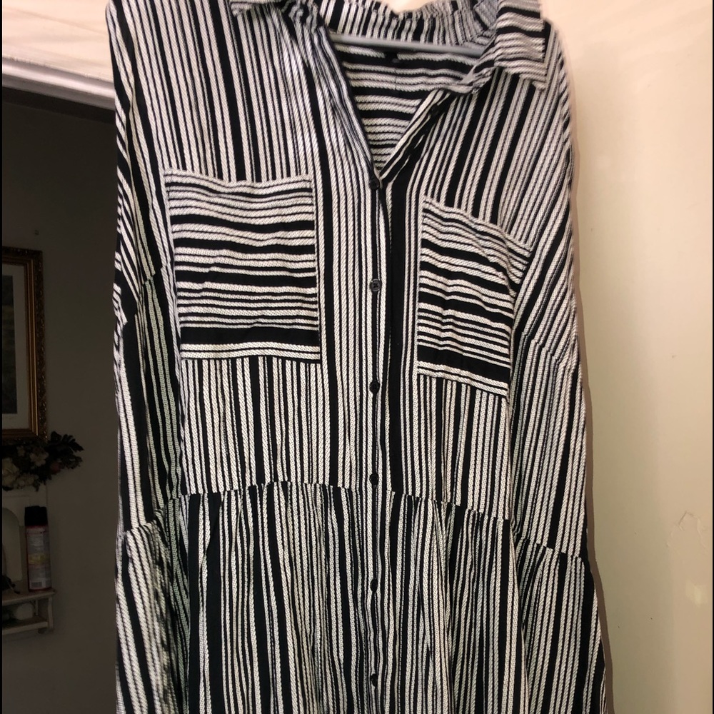 Black and white striped button-down dress
